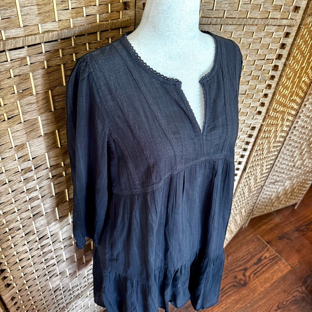 EUC Lucky Brand black cotton boho dress w/ lace L - Picture 3 of 12